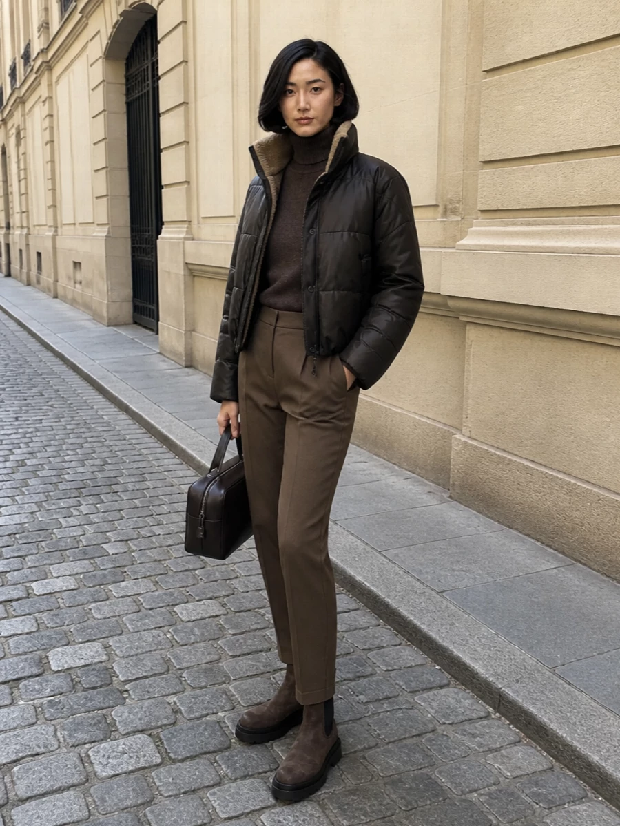 Brunello cucinelli puffer brown turtleneck tapered pants