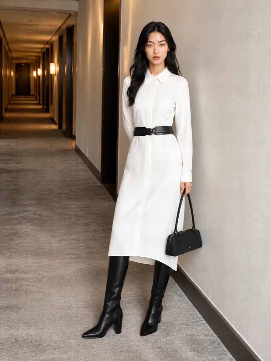 Alaia white shirt dress black knee boots outfit