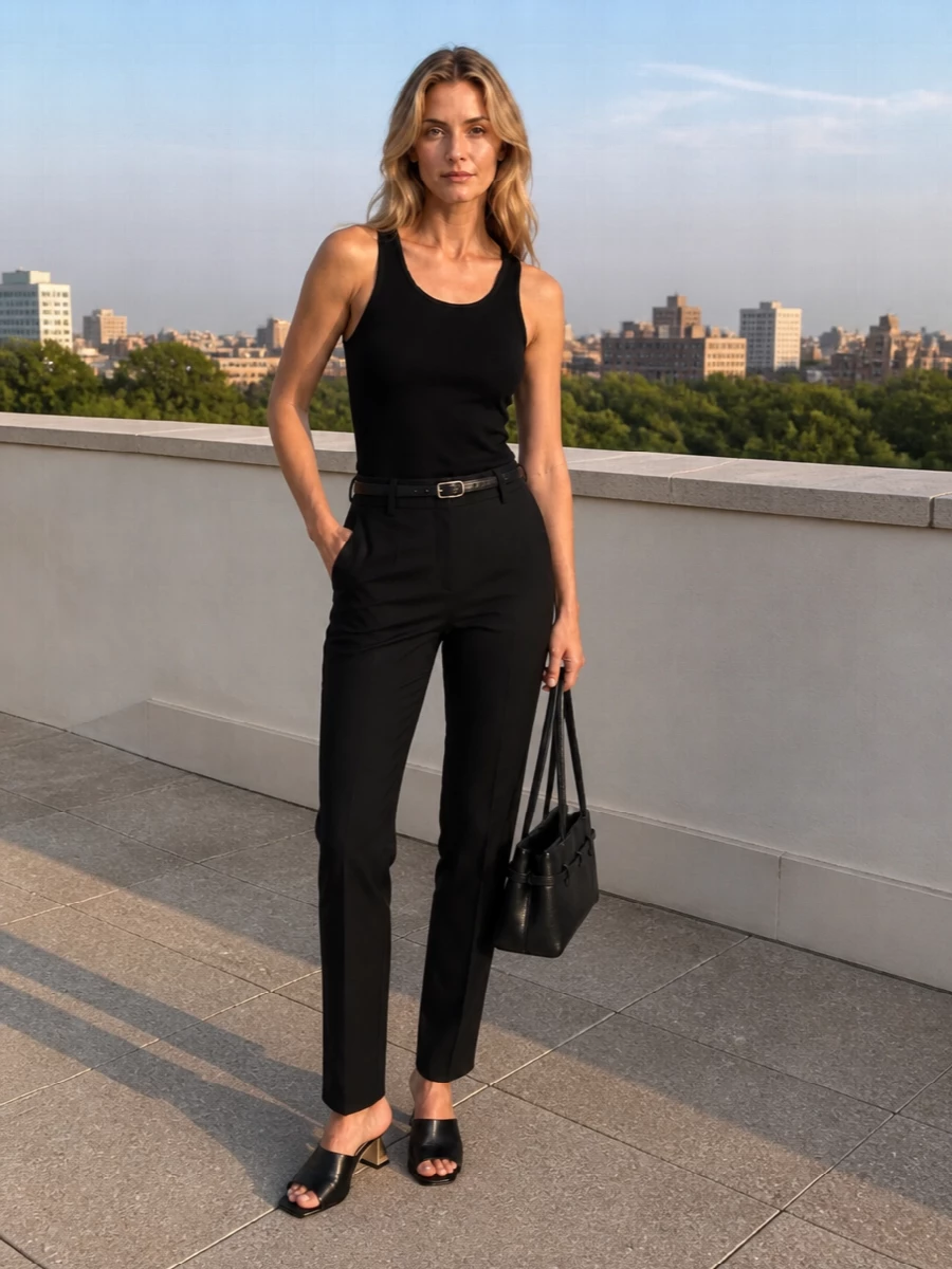A black-on-black Max Mara pairing keeps the focus on line and proportion, with the slim tank disappearing neatly into a high-rise straight leg. The subtle heel and elongated shoulder bag keep everything sharp but unfussy, while a fine belt quietly defines the waist. It is a precise, city-ready take on minimalist tailoring that reads equally considered at lunch or late drinks.