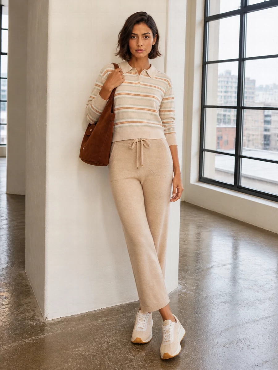 Guest in residence polo beige knit pants outfit