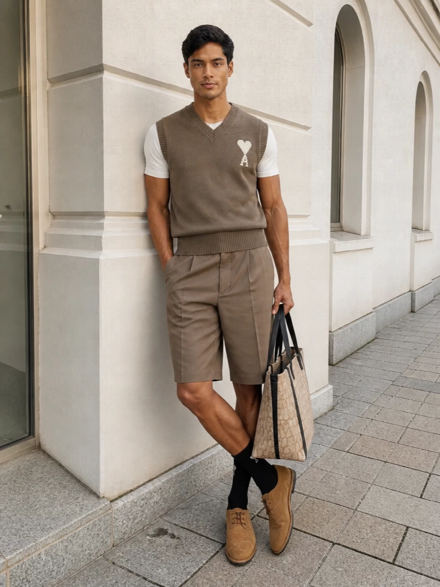 Taupe on taupe keeps this Ami knit paired with tailored shorts calm and precise, with the cut of the short echoing the vest’s clean lines. Camel suede on foot and a structured neutral tote keep the palette warm and considered without feeling over-styled. It is a quietly polished way to do summer neutrals that still reads modern and sharp.