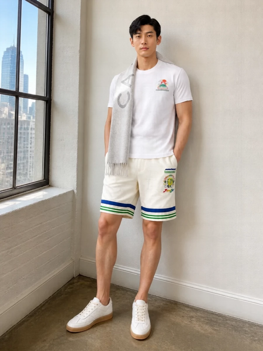 Casablanca’s sunrise tee is paired with the off-white deck shorts for a fresh, tennis-club take on streetwear that keeps the color story tight to green, blue and clean white. Neutral Margiela sneakers and the structured Ferragamo tote keep everything quietly polished while letting the graphics speak, with a soft grey scarf ready to throw on when the temperature drops. The result is relaxed, sporty and considered enough for city days that run from coffee to late-afternoon drinks.
