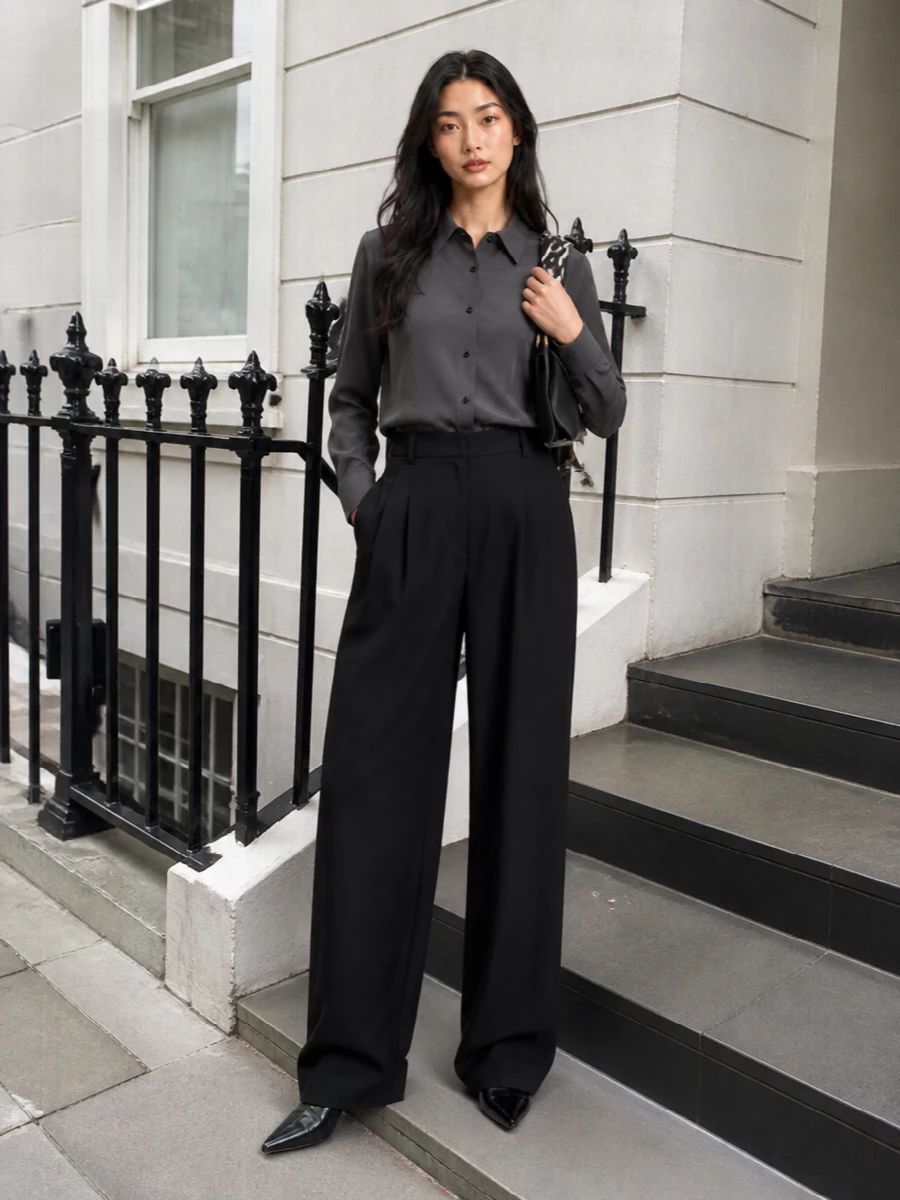 Toteme black wide leg trouser charcoal shirt outfit