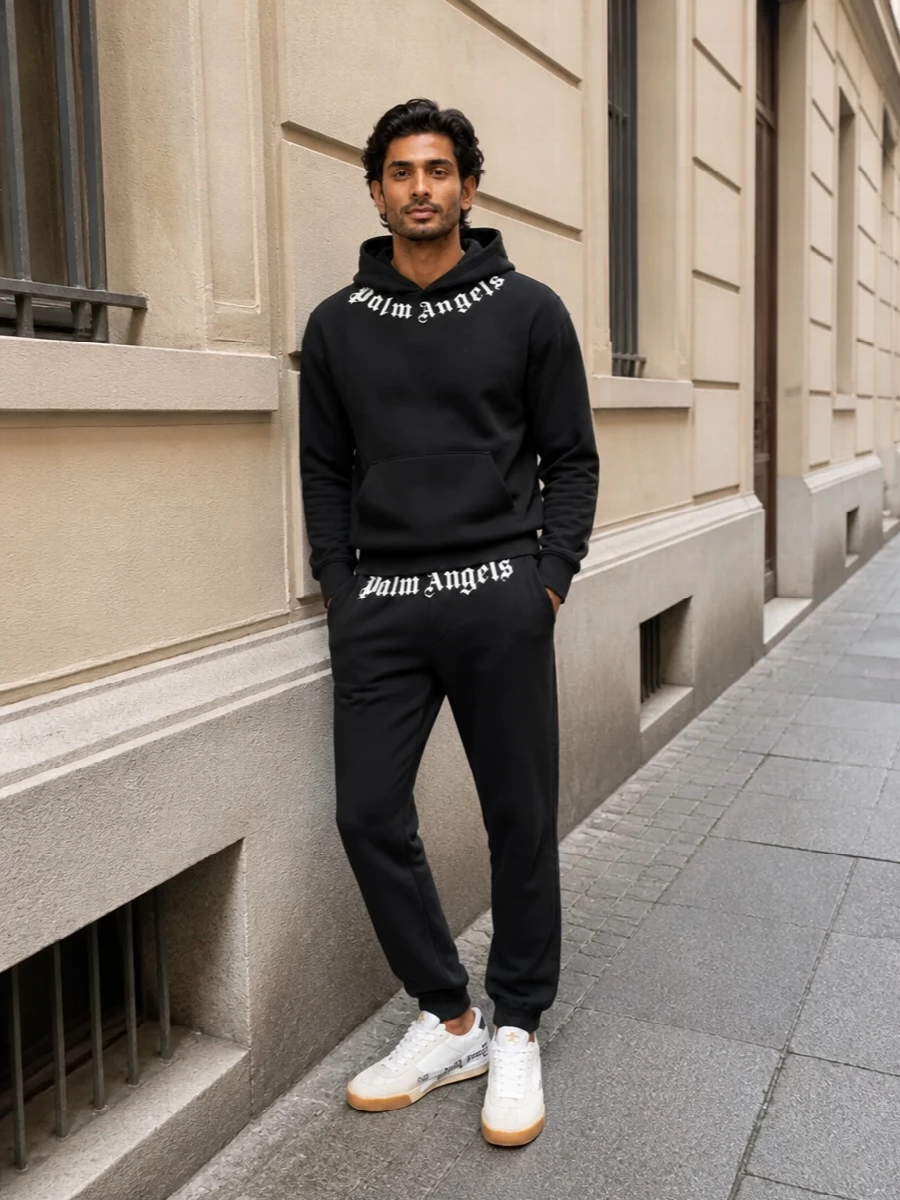 Palm angels black track pants hoodie outfit
