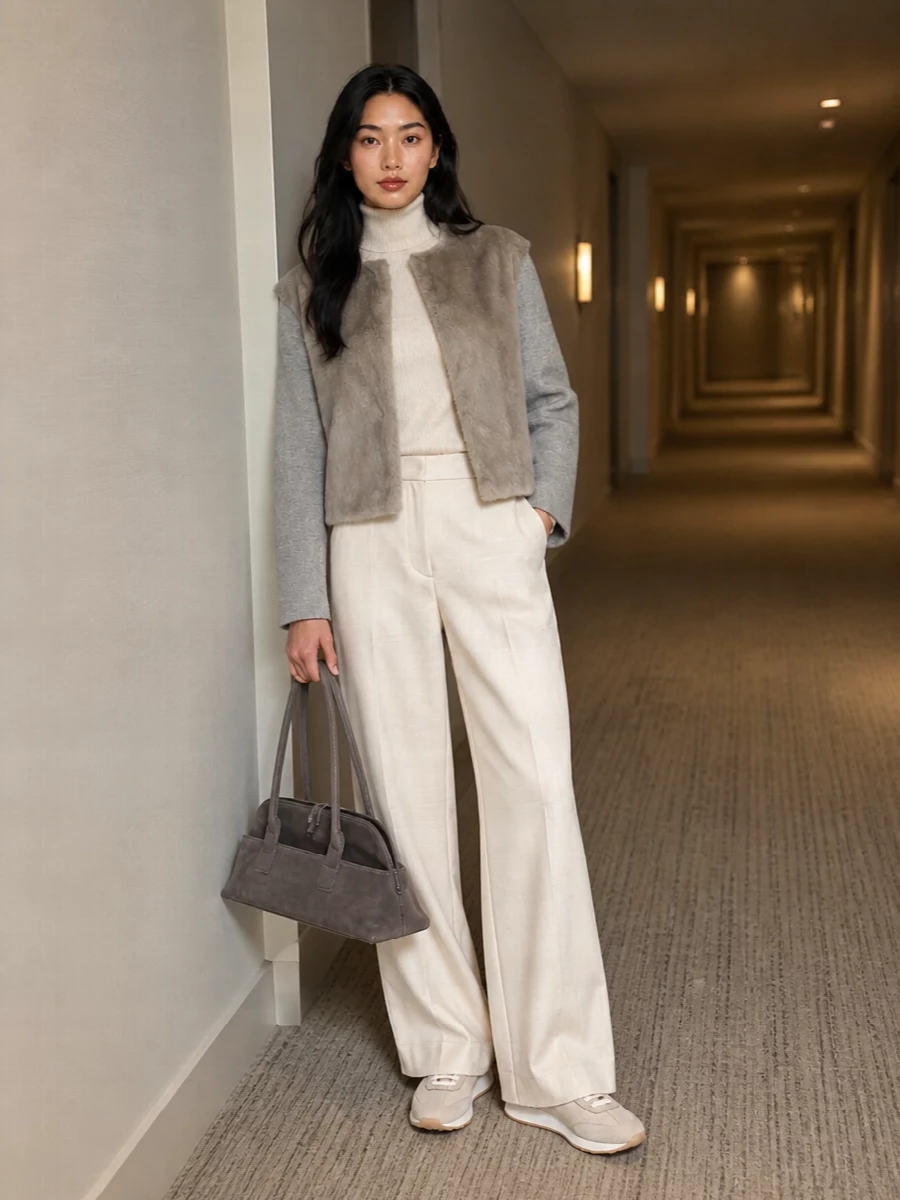 Fabiana filippi faux fur coat ivory wide leg trousers