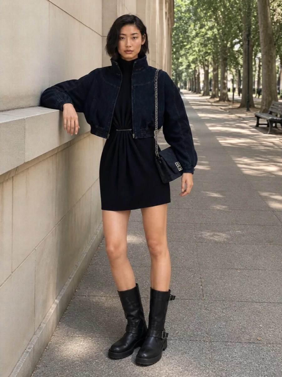 Givenchy denim jacket balenciaga knit dress boots