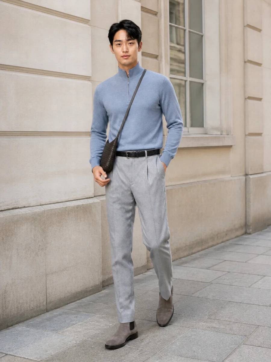 A powder-blue Brunello half-zip is paired with light grey pleated trousers for a crisp, minimalist FW look that feels polished but not overly formal. Taupe suede Chelsea boots keep the silhouette sleek yet relaxed, while the dark chocolate Bottega crossbody and a slim black belt add just enough structure and richness to anchor the soft palette. The result is quietly luxurious and versatile from refined daytime to understated dinner settings.
