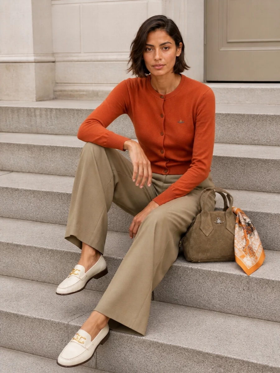 Vivienne westwood cardigan camel trousers outfit