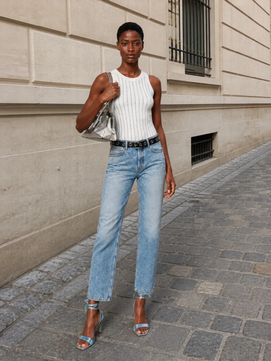 Attico studded tank light wash jeans heels