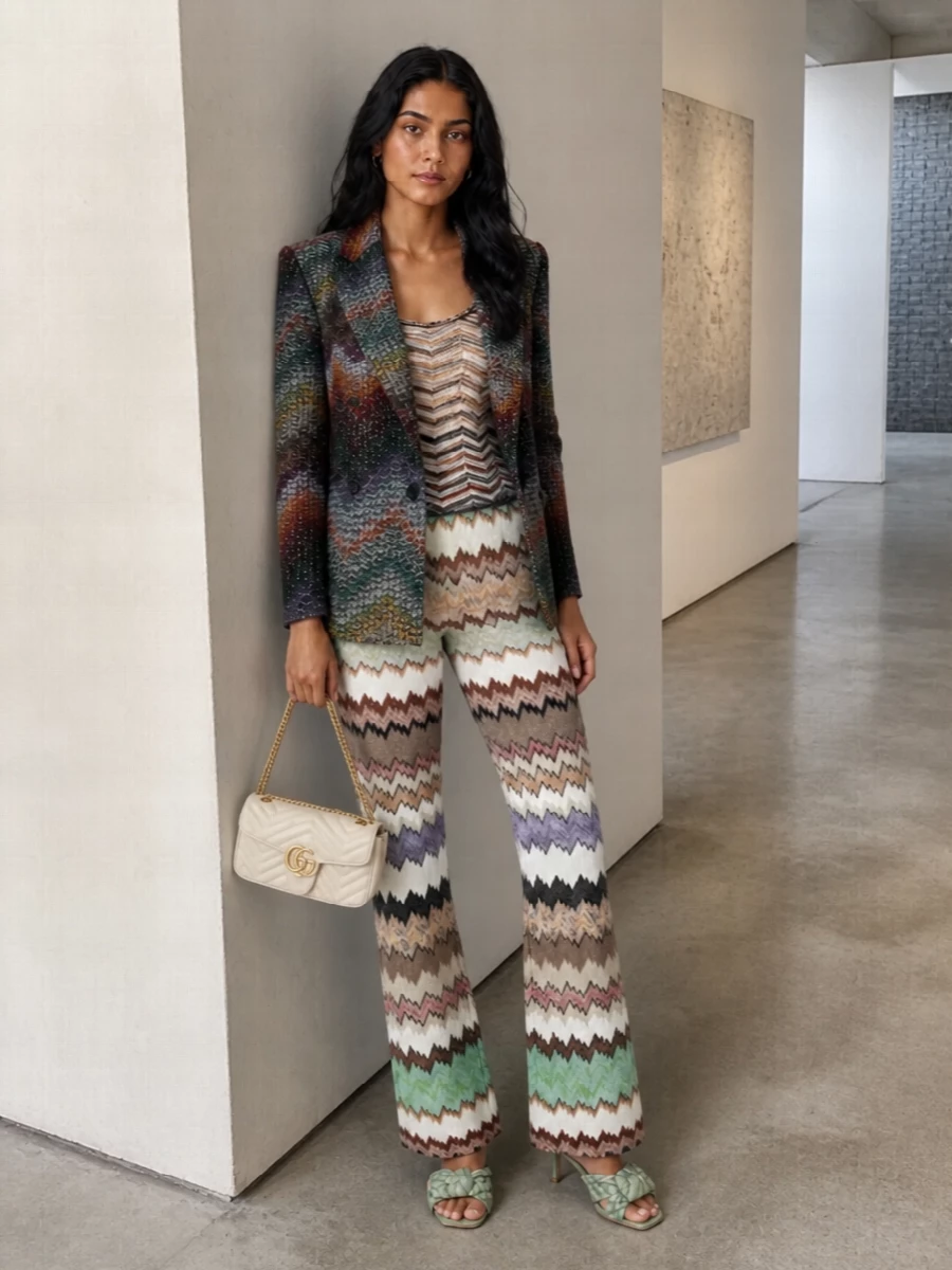 Missoni chevron blazer outfit knit flares