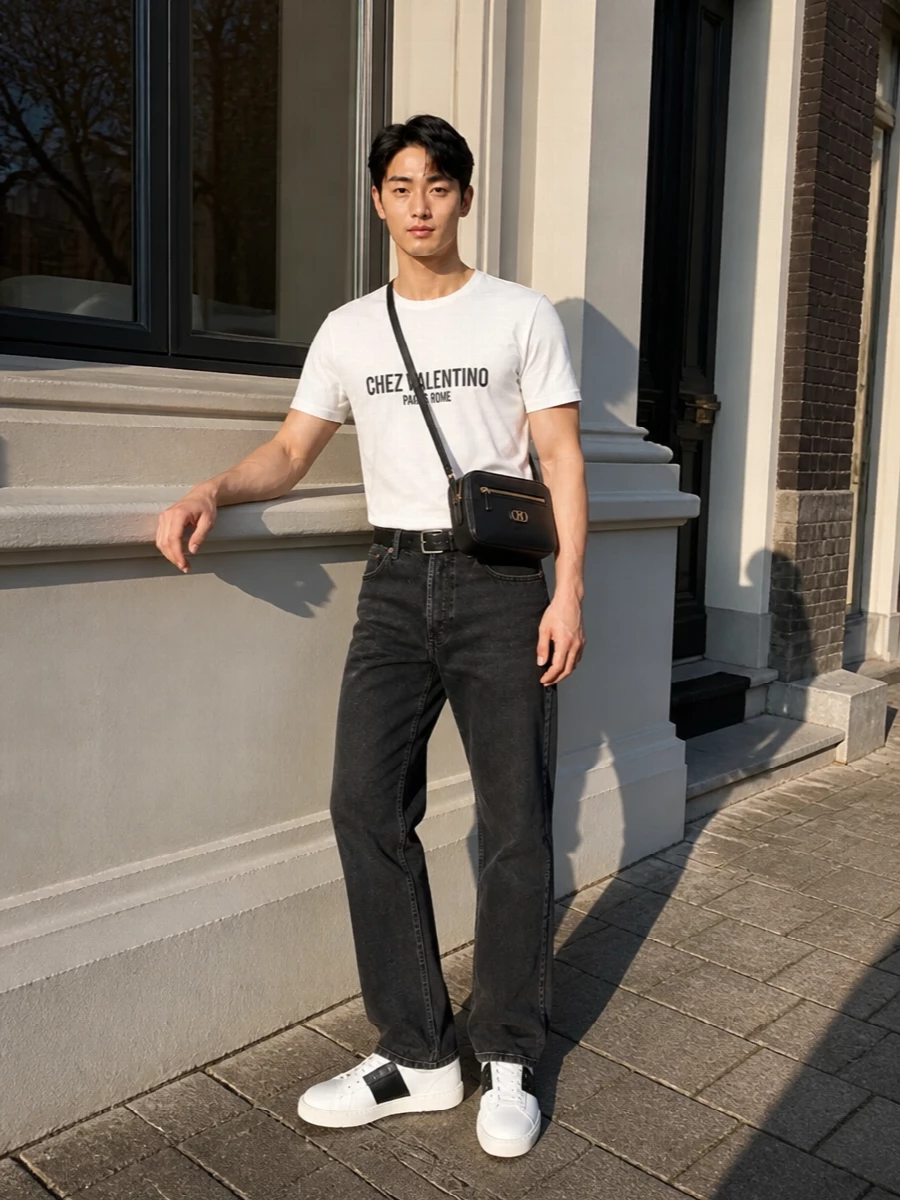 Valentino chez valentino tee charcoal jeans outfit