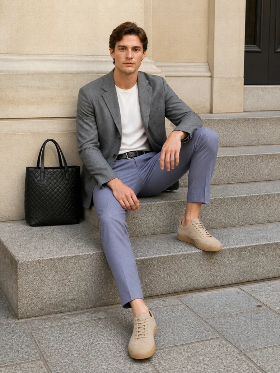 Mid grey tailoring meets light steel blue trousers for a calm, modern office ensemble that feels crisp without being severe. Soft sand suede sneakers keep the mood relaxed yet precise, while a black woven tote and slim belt add quiet structure and texture. The result is boardroom-capable summer tailoring that still feels easy to wear all day in the city.