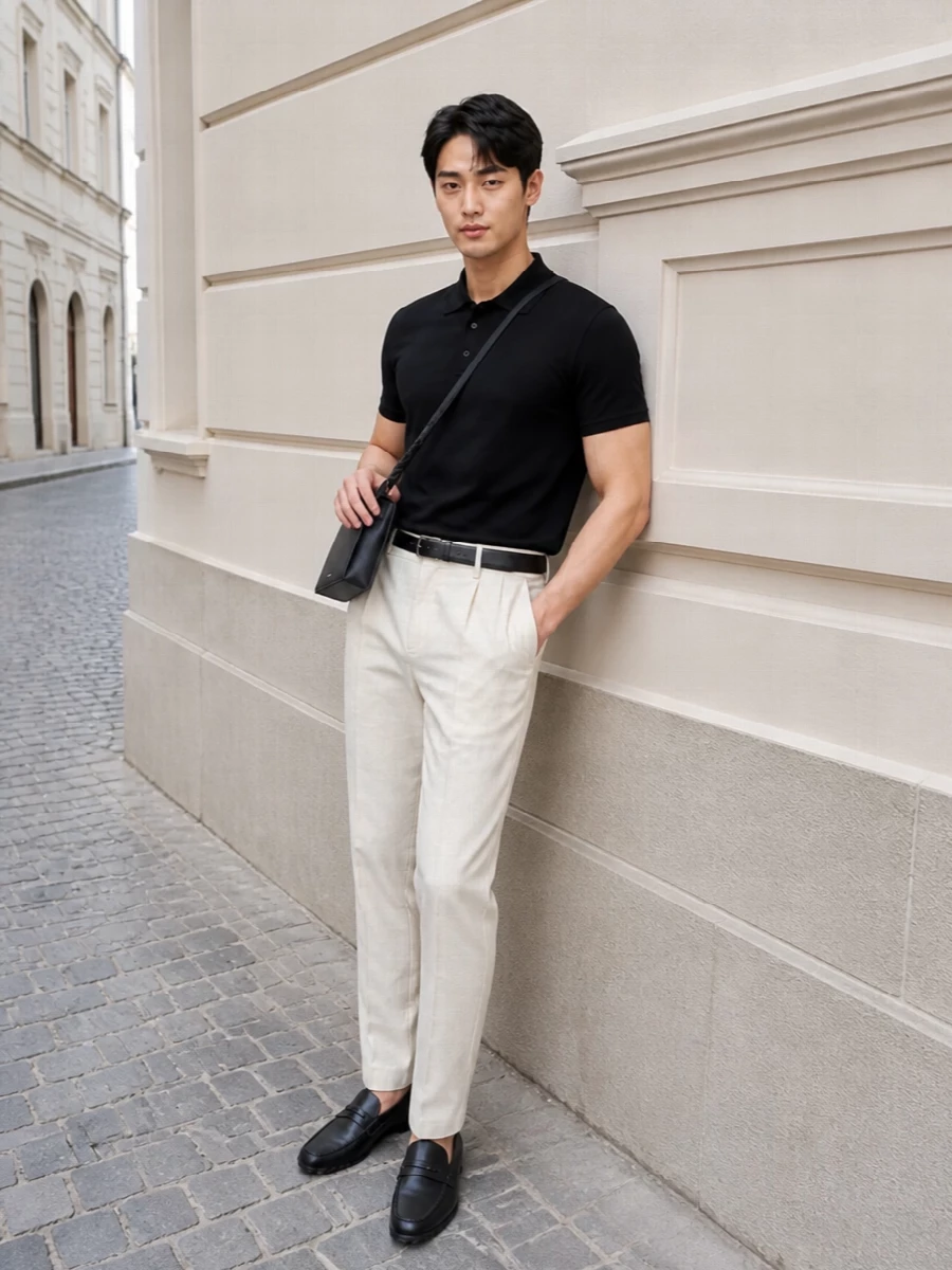 Herno black polo off white trousers tods loafers