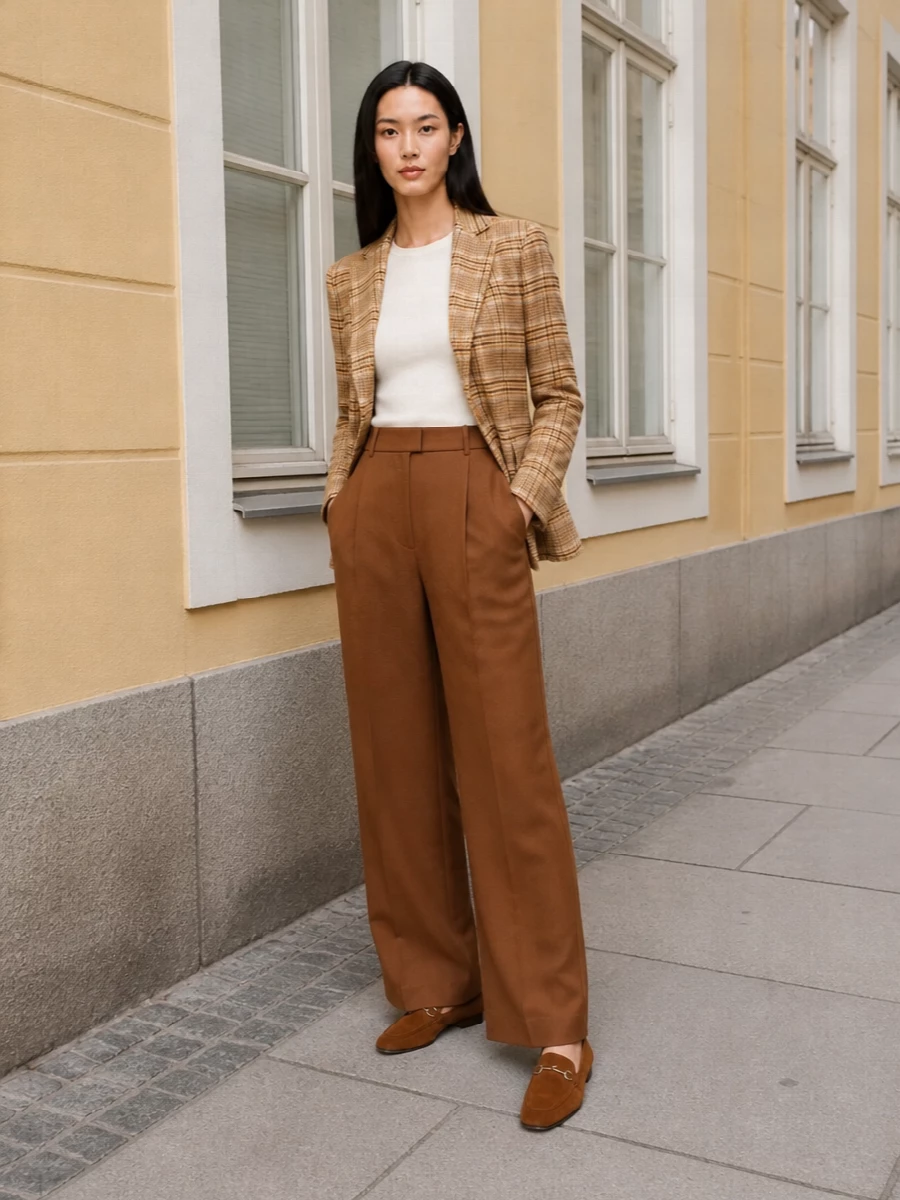 Camel Brunello tailoring meets a sunlit check blazer for a warm, preppy take on quiet luxury suiting. The pointed suede loafers keep the wide leg clean and elongated, while the structured cognac bag adds just enough definition for client meetings or city dinners. The result is soft, tonal tailoring that feels composed rather than stiff.
