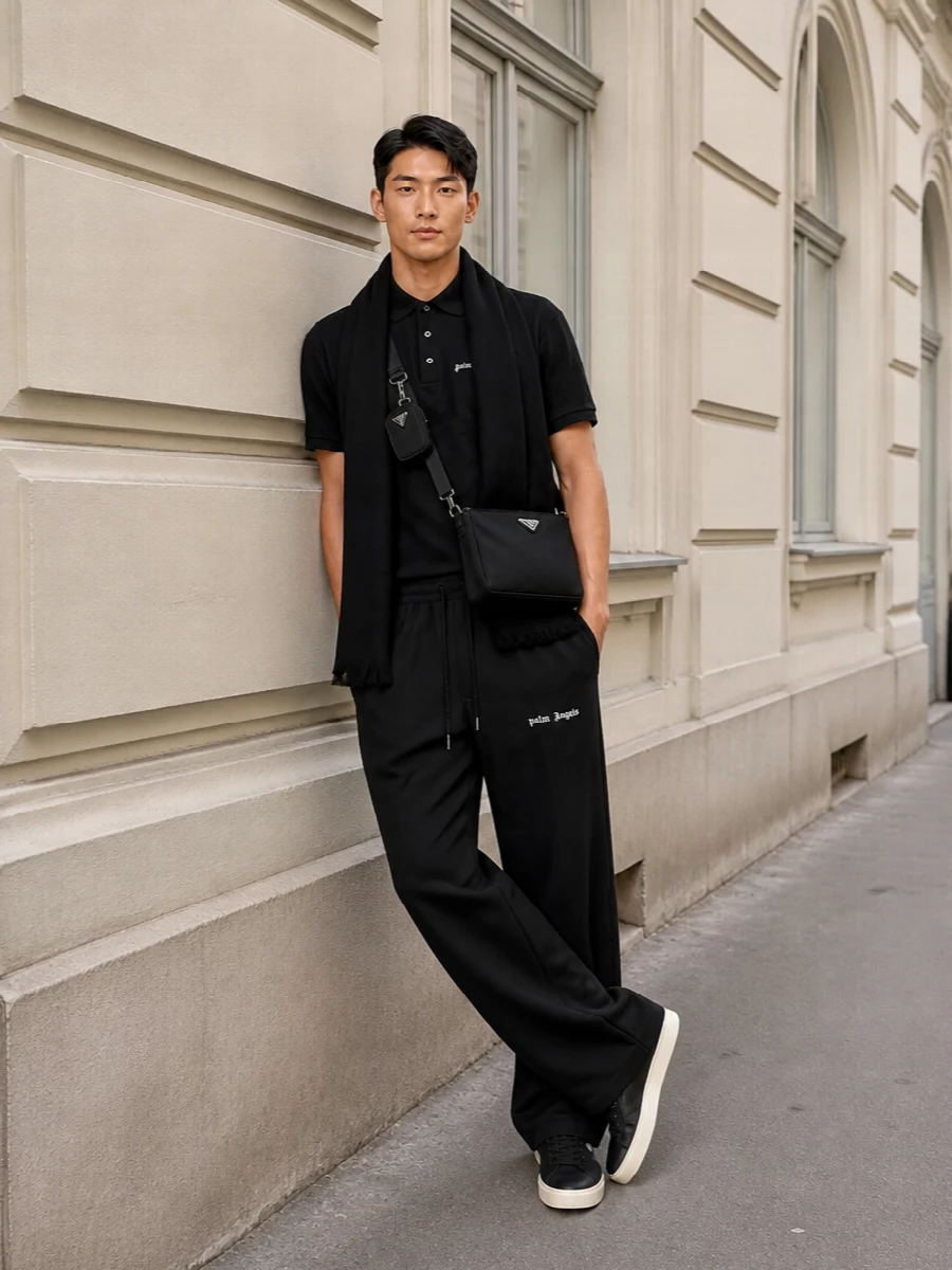 Palm angels polo wide black track pants prada sneakers