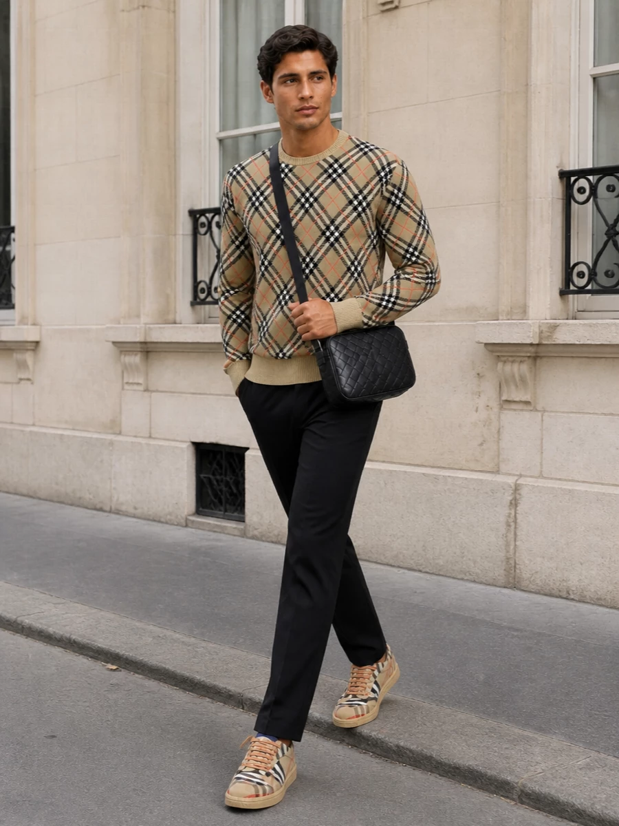 Burberry sneakers argyle knit black chinos