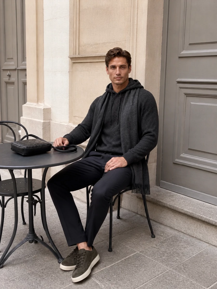 Tagliatore hoodie herno charcoal chinos tods sneakers