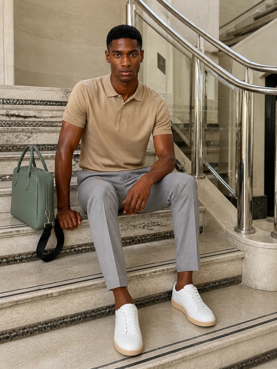 A sand Tom Ford polo with taupe Ami trousers creates a soft, tonal base that feels precise yet relaxed for warm city days. Santoni’s white sneakers introduce a subtle sport note without breaking the quiet polish. The Valextra briefcase finishes it with a muted hit of color that still reads clean and considered for office-to-dinner dressing.