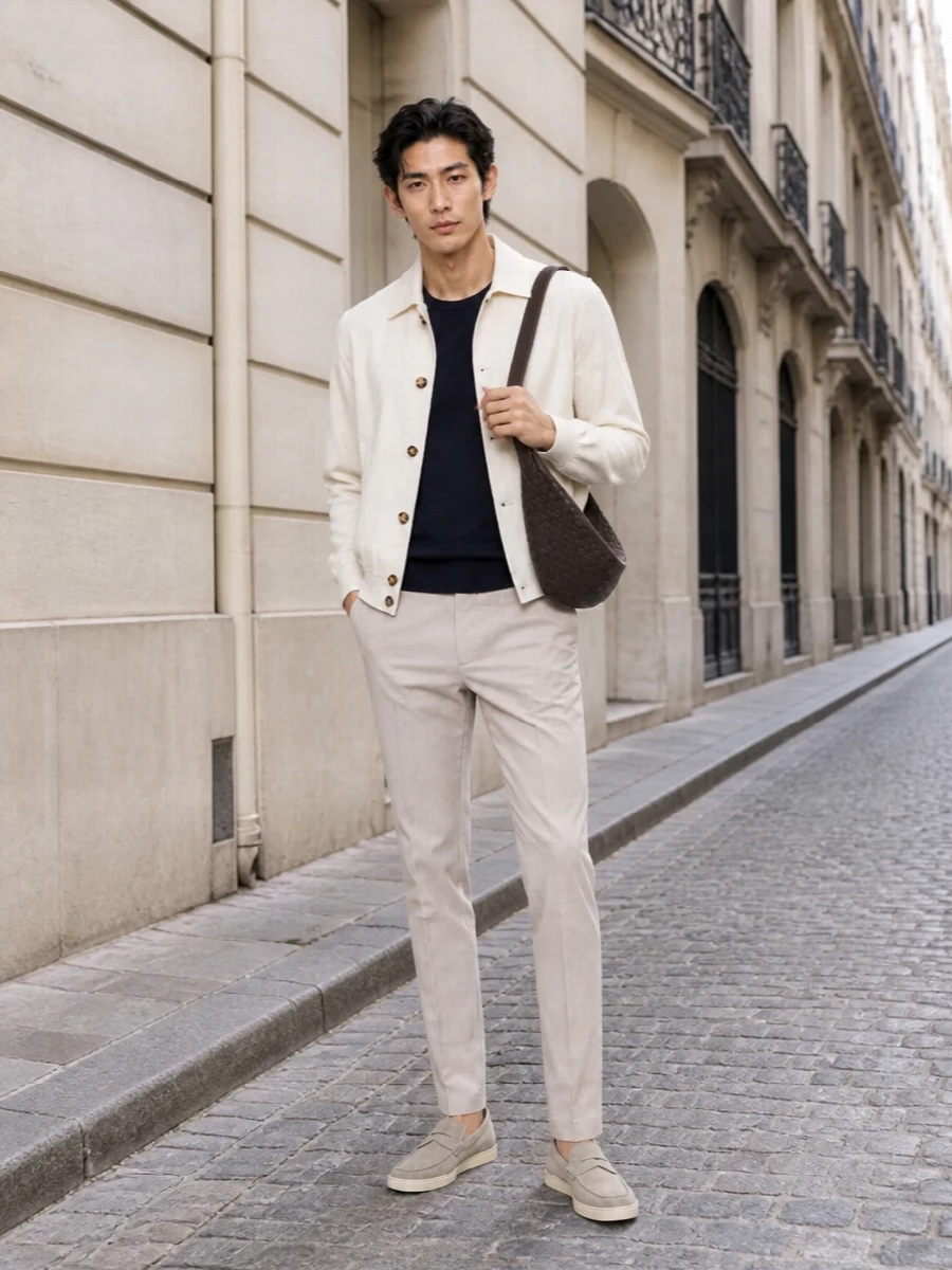 Ivory and stone set a calm, light base, with a deep navy knit adding just enough contrast to keep the palette intentional rather than tonal for its own sake. Slim tailored trousers and suede cupsole loafers keep the silhouette clean, while the espresso crossbody quietly anchors the softness with a darker note. It is an easy warm-weather city ensemble that moves from late breakfast to low-key dinner without changing gear.