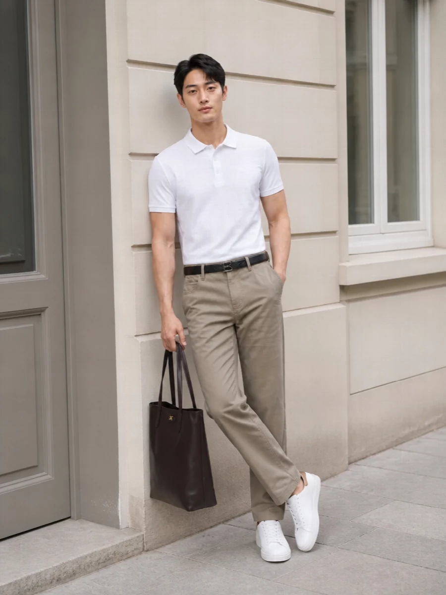 This look leans into crisp, quiet luxury: a clean white Burberry polo paired with softly structured taupe chinos for a refined, preppy SS uniform. White leather sneakers keep the mood relaxed and modern, while the deep chocolate tote and reversible TB belt introduce just enough polish and depth without disturbing the minimalist palette. It’s an easy, versatile outfit that moves smoothly from city daytime to understated evening plans.