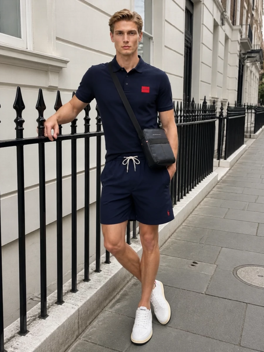 Hugo navy polo polo swim shorts white sneakers