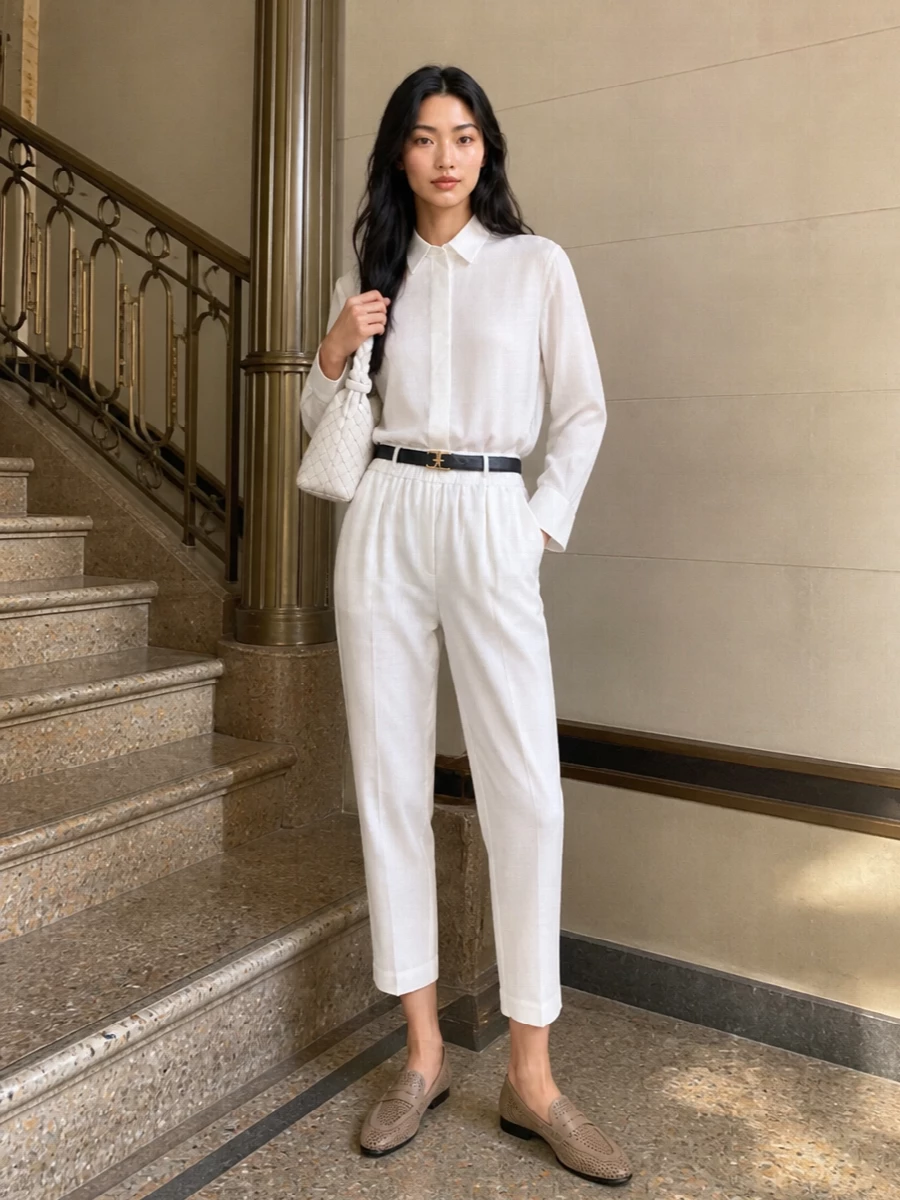 Brunello cucinelli white shirt cropped trousers outfit