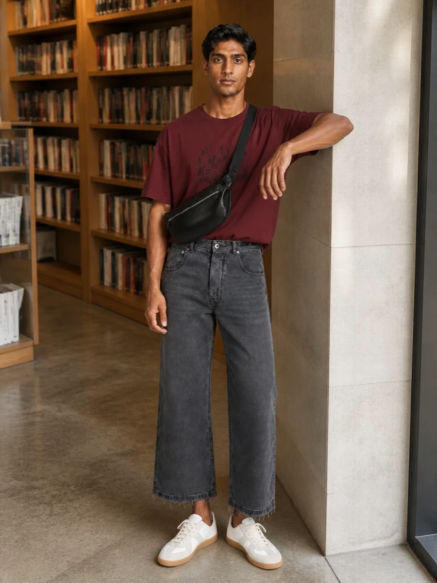 Maison margiela burgundy tee wide leg jeans outfit