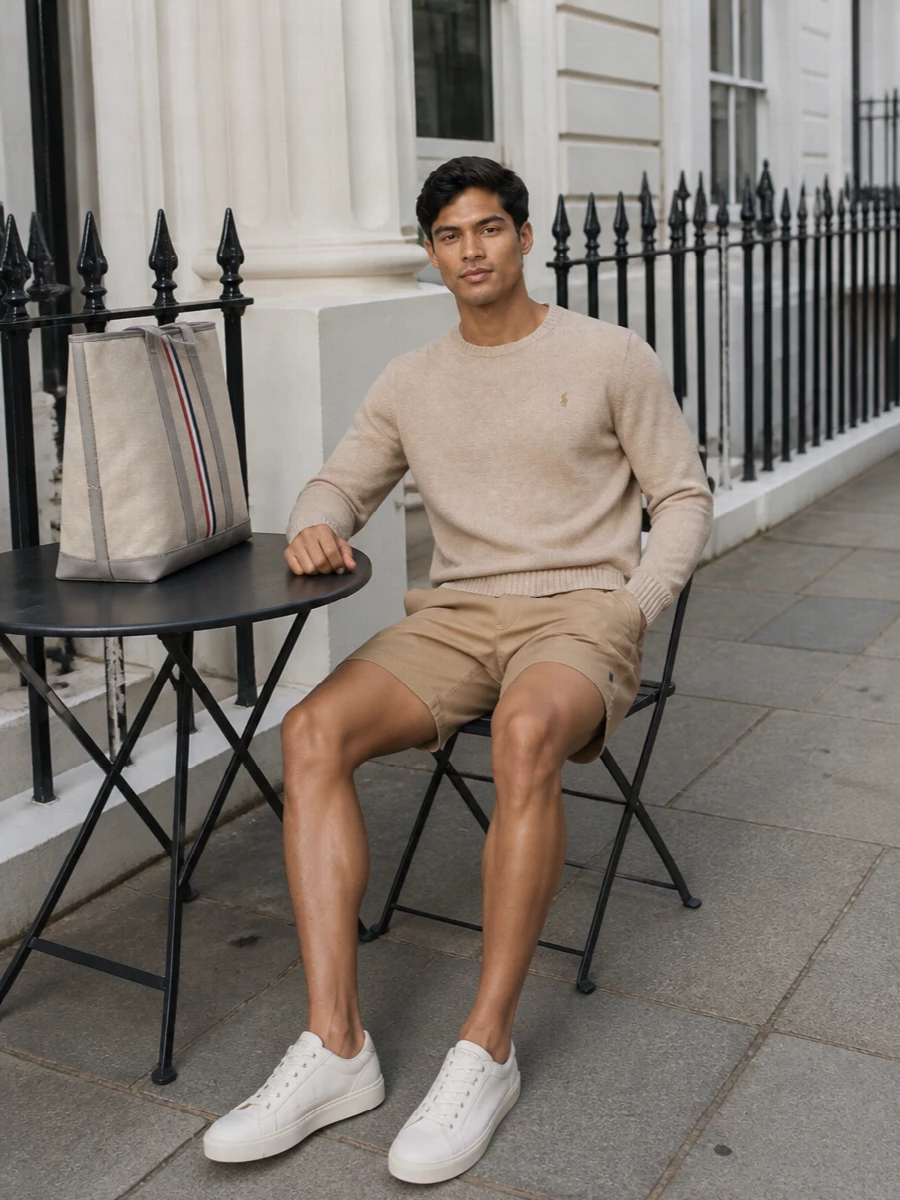 Ralph lauren beige sweater khaki shorts outfit