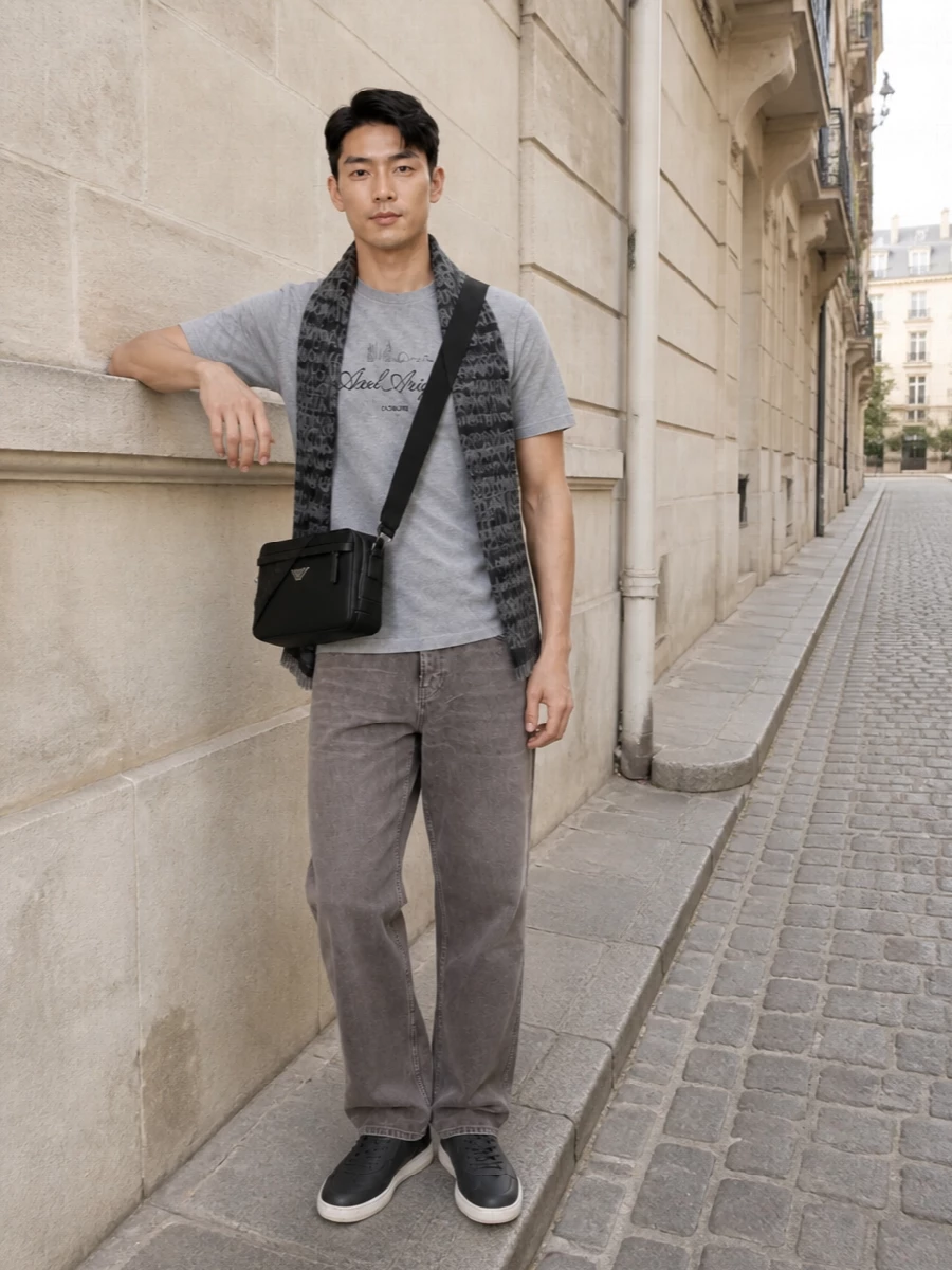 Axel arigato grey tee grey jeans sneakers