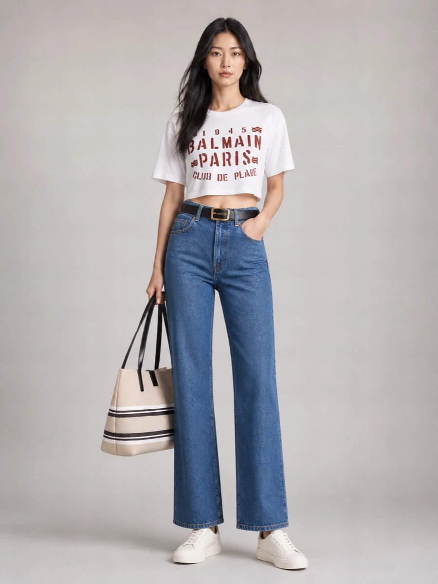 Balmain Ribbed Oversized Logo Print Cotton T-Shirt