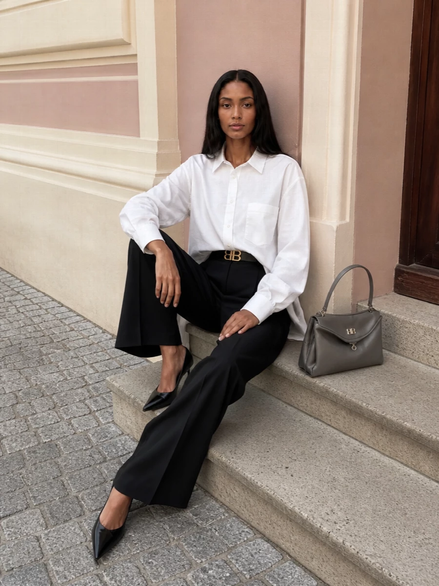 Balenciaga’s oversized white shirt is sharpened by high-rise black wide-leg tailoring, creating a long, graphic column that feels precise yet relaxed. A pointed black pump and structured grey top-handle keep the palette disciplined and modern, while a slim logo belt adds the slightest suggestion of structure without disturbing the ease. It is a poised, monochrome uniform that moves cleanly from meetings to late dinners with minimal adjustment.