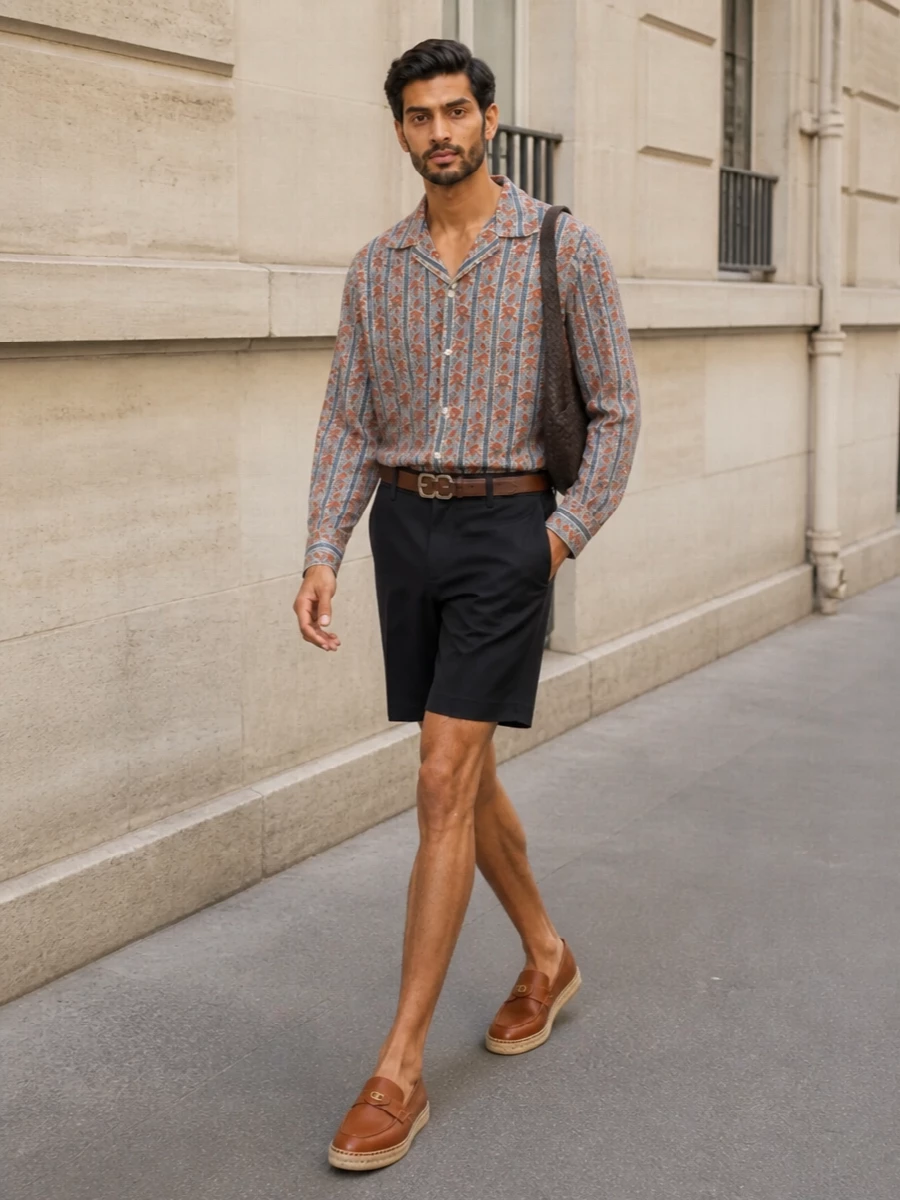 Valentino floral shirt navy tailored shorts outfit