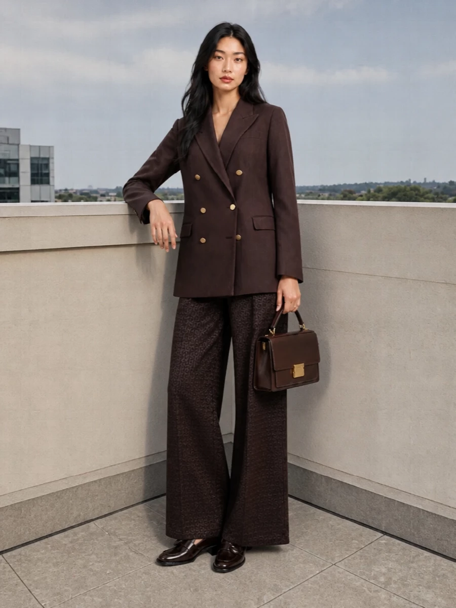A deep brown tailoring story keeps the focus on line and texture, letting the jacquard trouser read as a subtle statement rather than a shout. The longline blazer and low block‑heel loafers create an elongated, grounded silhouette that feels right for formal lunches, gallery openings or discreet evening plans. A compact chocolate top‑handle finishes it with just enough structure to feel considered, never fussy.