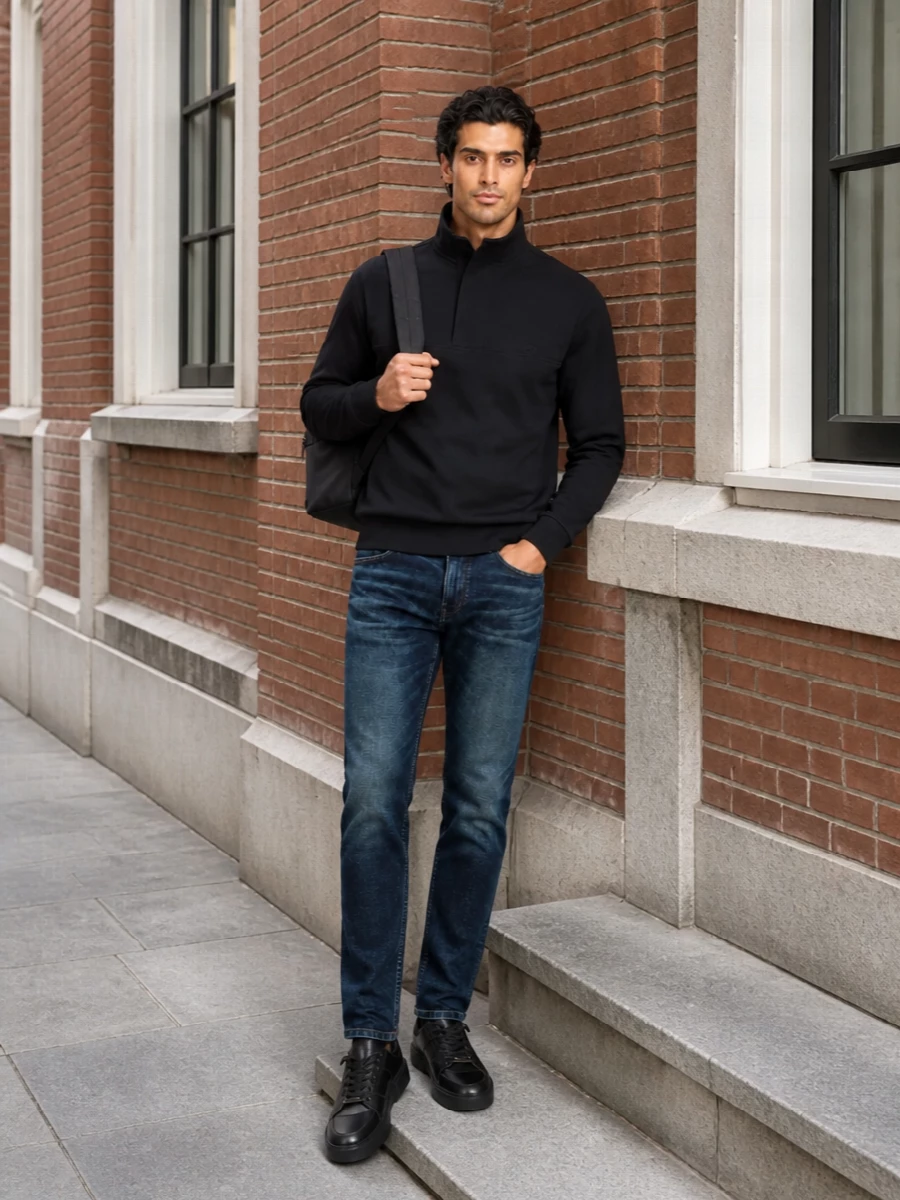 Boss mens black sweatshirt dark jeans outfit