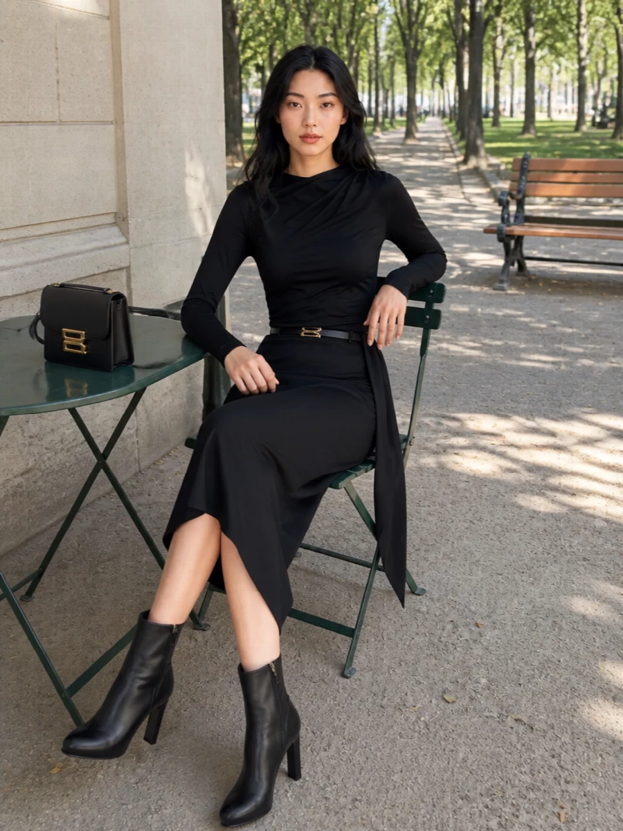 Victoria beckham black asymmetric skirt outfit