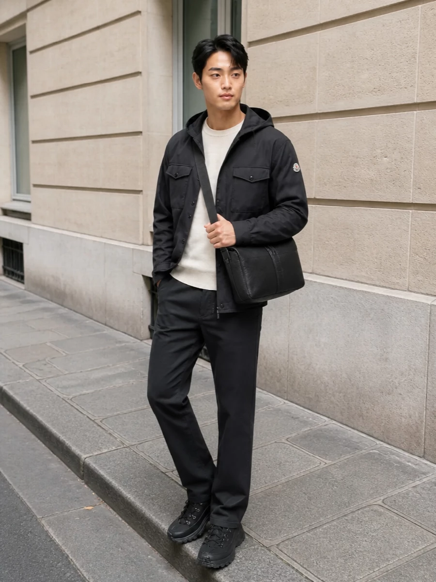 Moncler hooded shirt jacket charcoal trousers