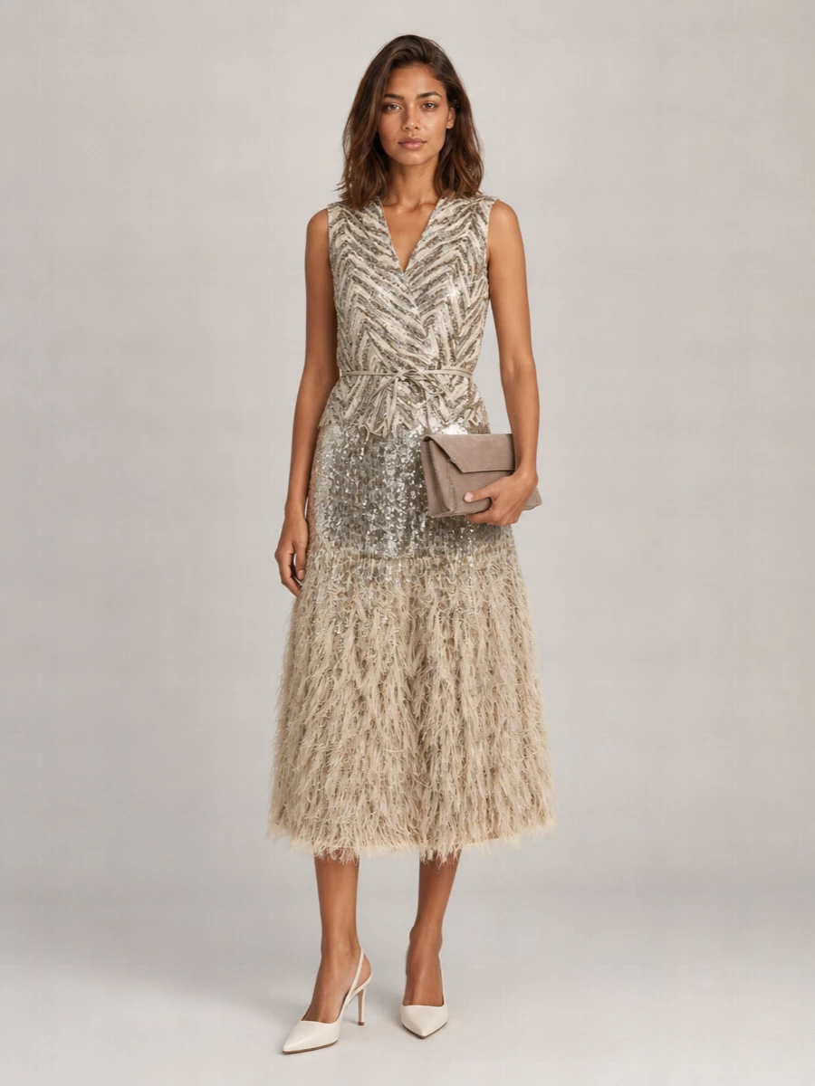 Brunello Cucinelli Silk Sequin-Embellished Fringe Midi A-Line Skirt