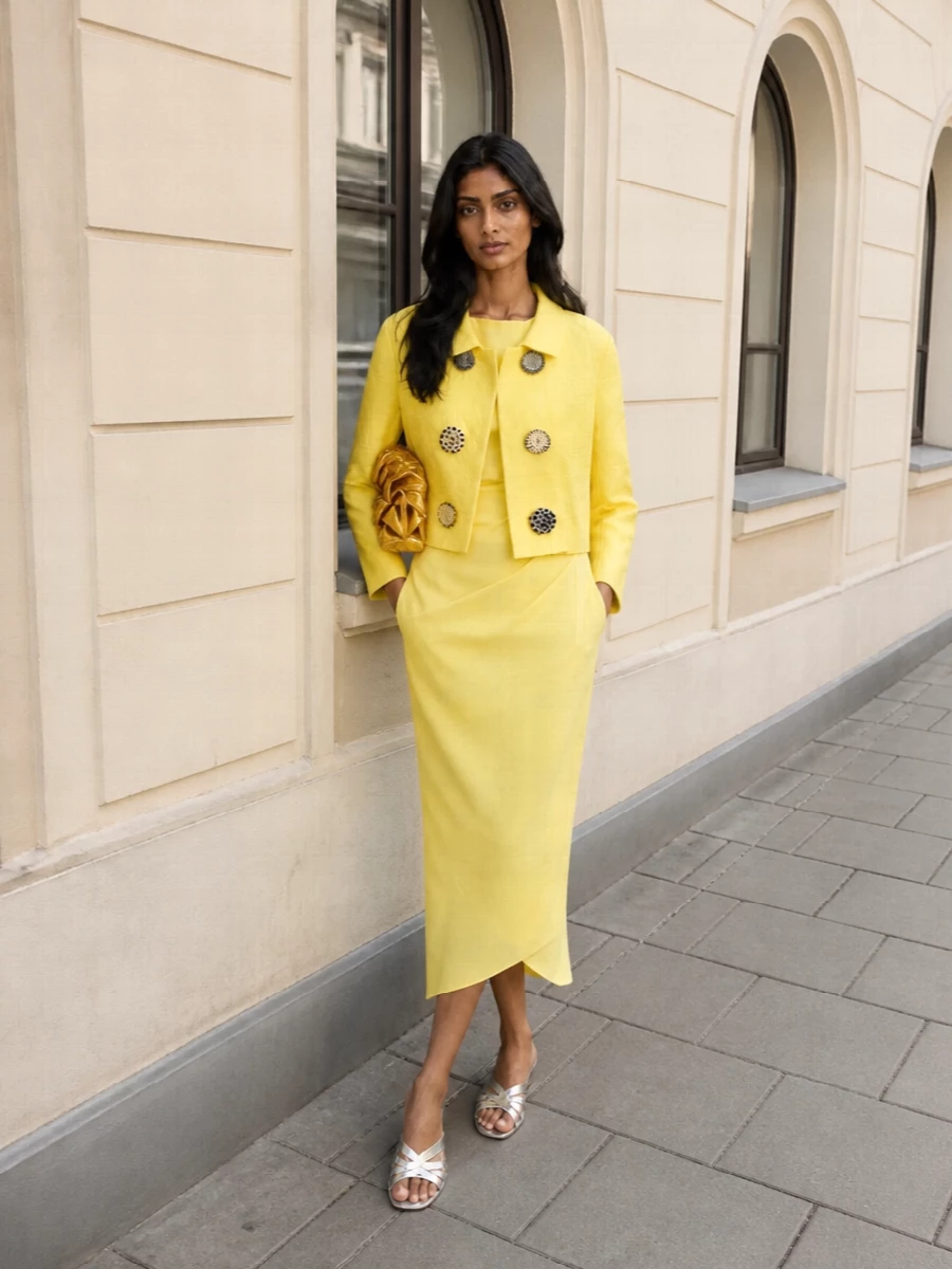 Dries van noten yellow coat jacquemus dress