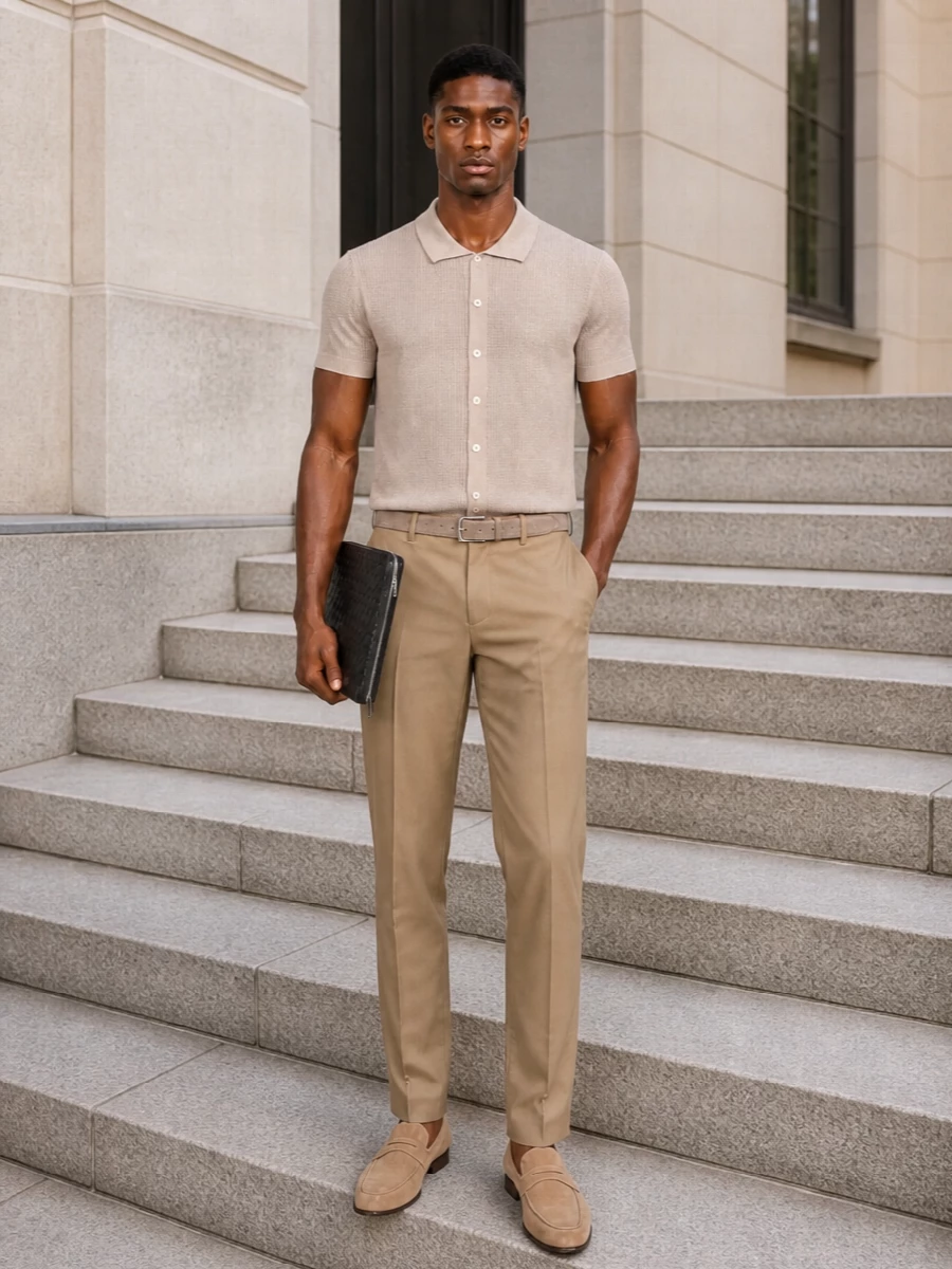 Tagliatore knit polo camel trousers tods loafers