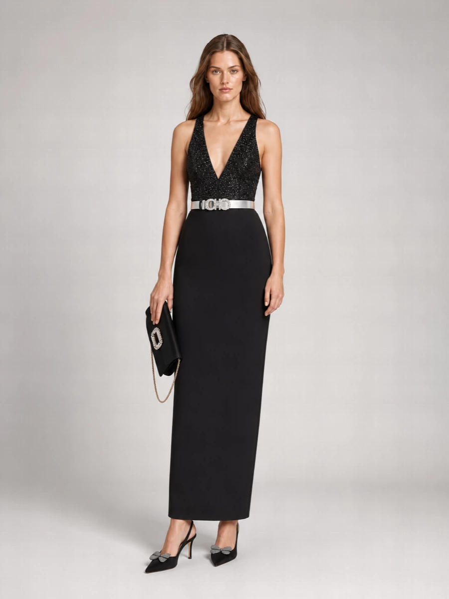 Elisabetta Franchi Beaded V-Neck Maxi Dress