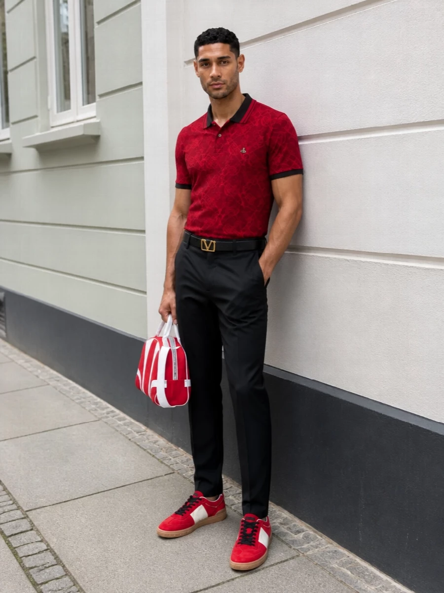 Vivienne westwood red polo black trousers outfit