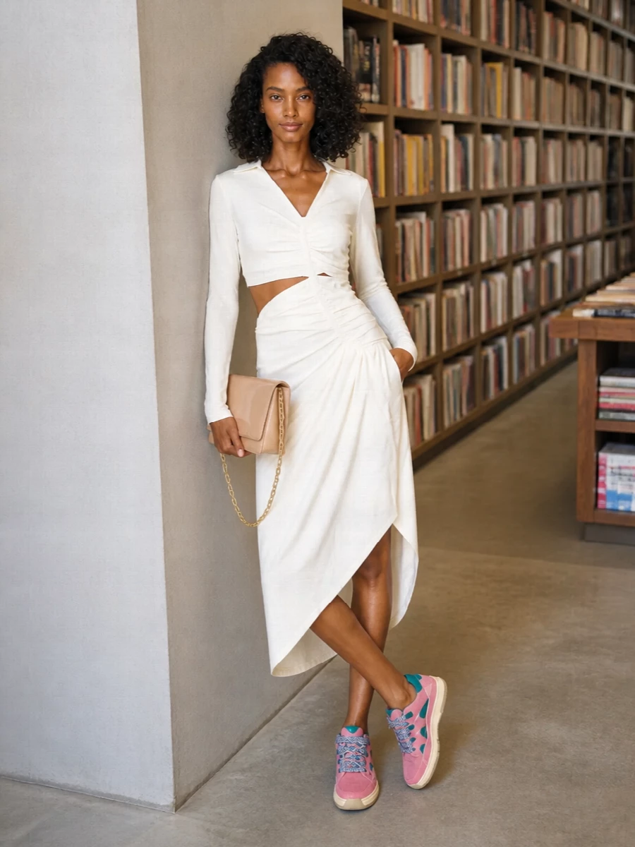 This pairing lets the directional Lanvin sneaker play against an Off-White cut-out ivory midi, creating a modern contrast of sporty and sleek. The body-skimming neutral dress echoes the sneaker’s buttercream base so the bubblegum pink and teal feel intentional, not loud. A nude Louboutin clutch keeps the rest of the story pared back and quietly polished for city evenings or gallery nights.