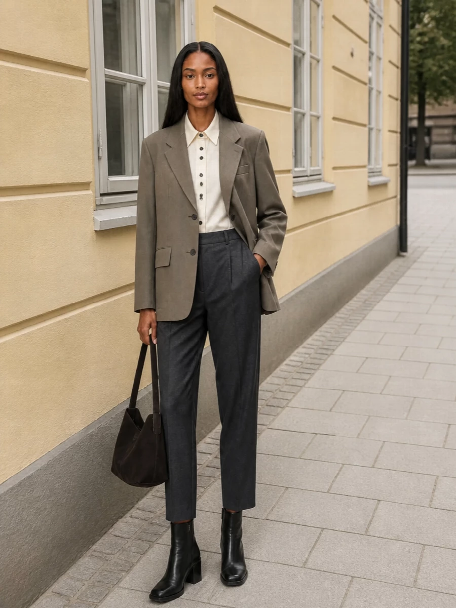 Studio nicholson taupe blazer charcoal trousers