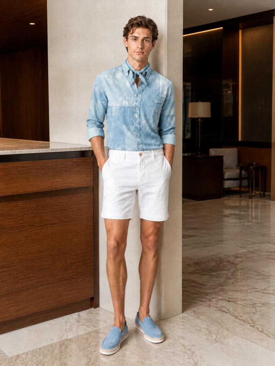 Polo denim shirt white shorts outfit