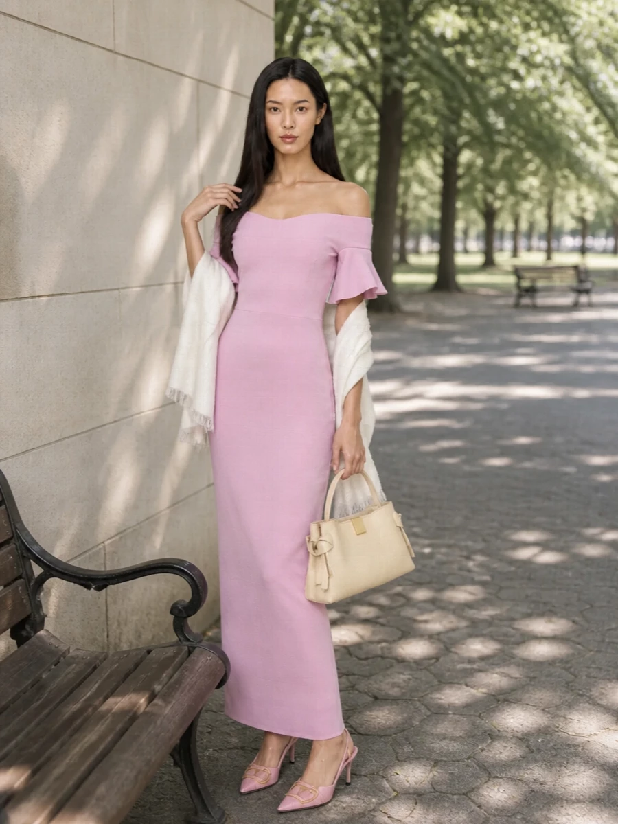 Solace london pink off shoulder gown valentino heels