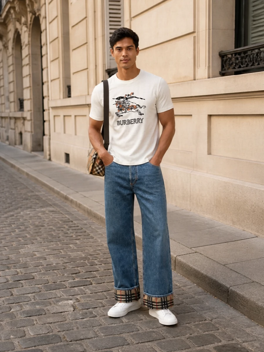 Burberry tee wide leg jeans white sneakers