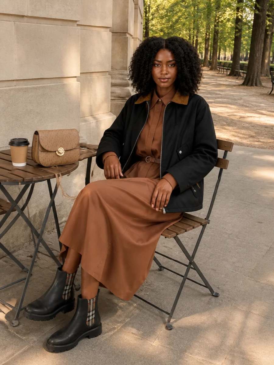 I’m taking the dress route here, keeping the Barbour parka as a short, sharp shell over a single caramel S Max Mara shirt dress so the silhouette stays long and clean rather than over-layered. Burberry’s black lug Chelsea boots tie back to the jacket’s utilitarian edge and black base, while the camel Furla cross-body picks up the tan collar for a cohesive, city-ready neutral story. The result is a minimalist, country-into-city outfit that feels practical, quietly polished and easy to wear from coffee runs to casual meetings.