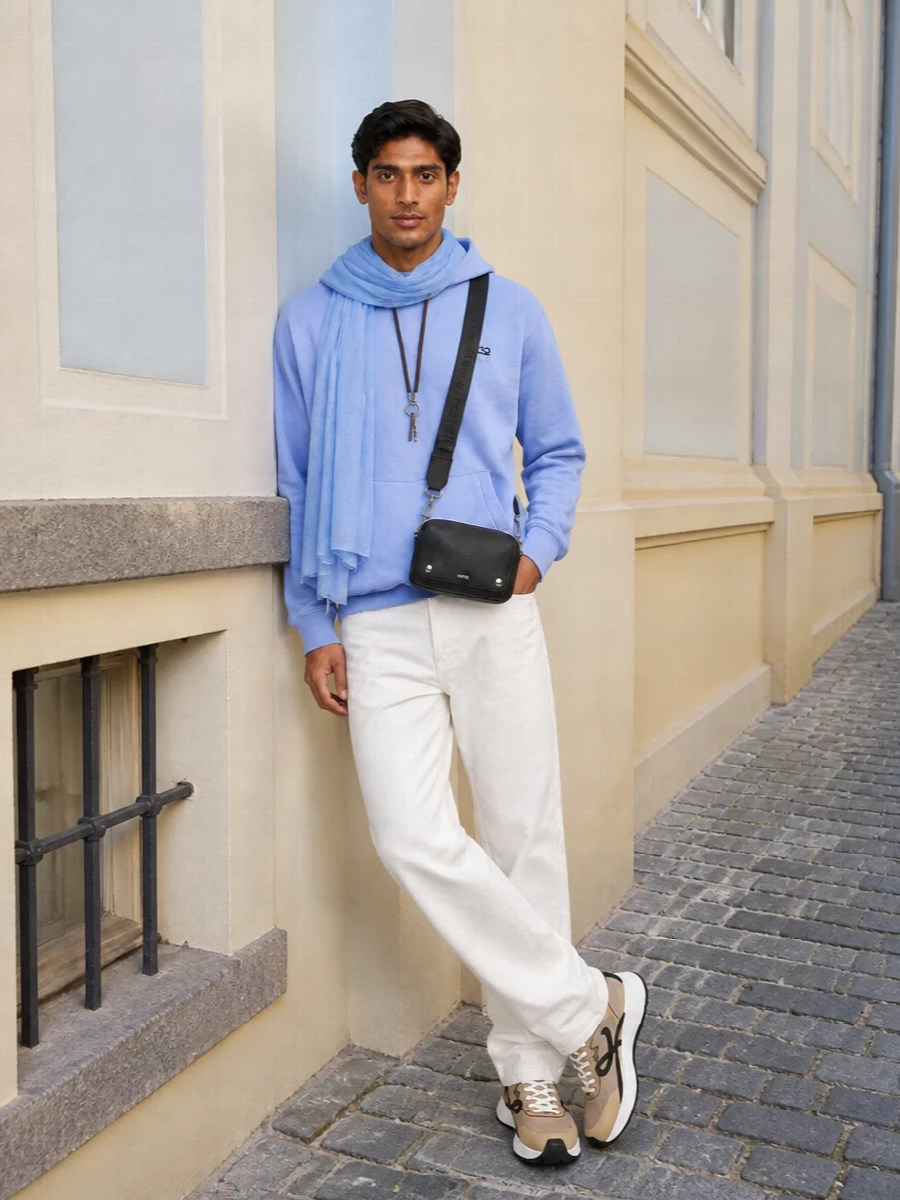 Loewe powder blue hoodie off white jeans outfit