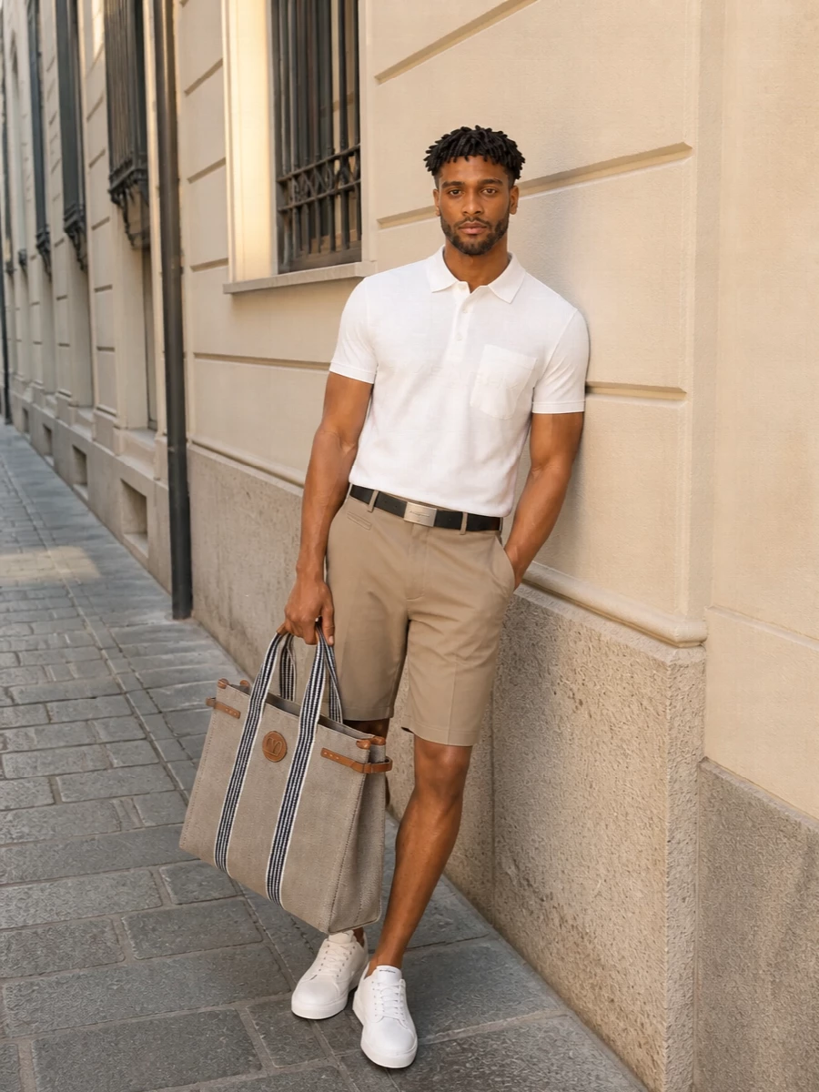 Givenchy white polo camel shorts white sneakers