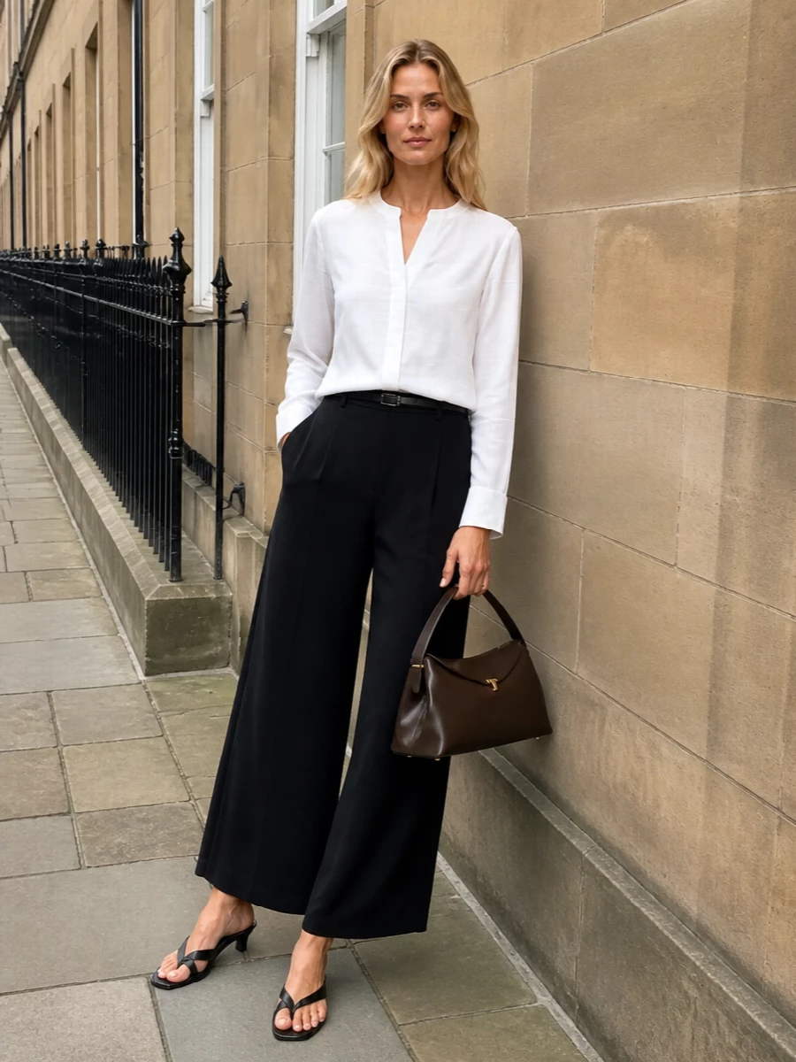 Toteme white shirt black wide leg trousers outfit